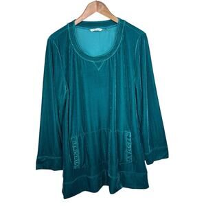 SOFT SURROUNDINGS  Sz L Peruvian Green Velvet Tunic Top Kangaroo Pouch Pocket